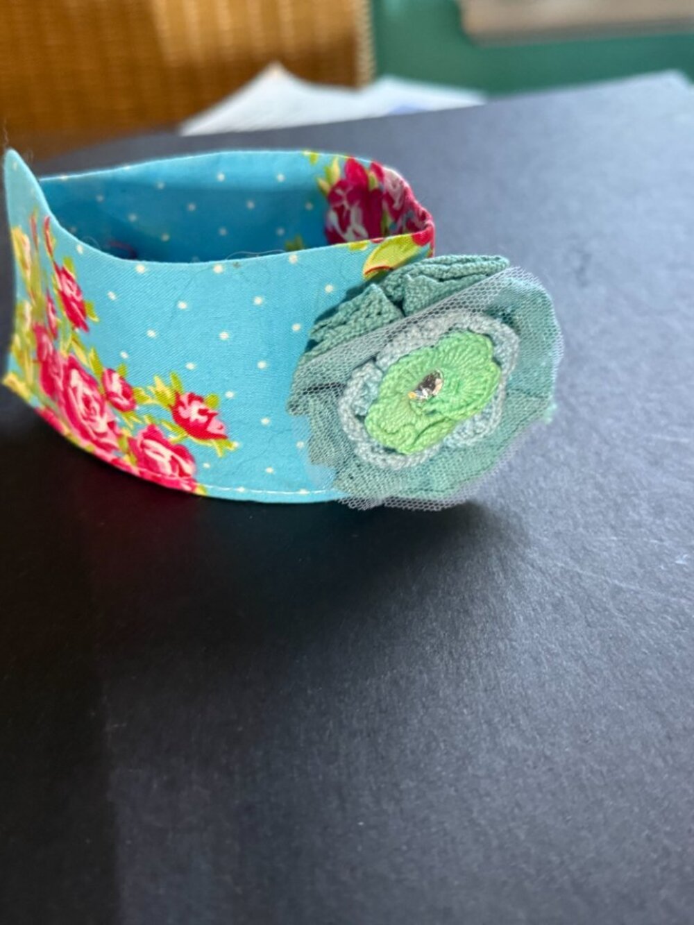 Artist Made Boho Cuff Fabric Blue with Roses One of a Kind